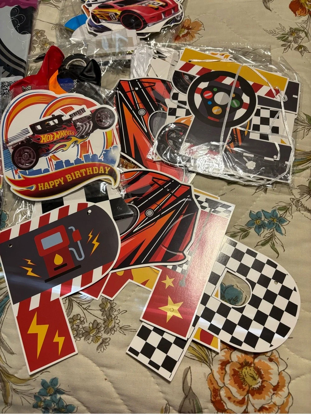 Lot of Hot Wheels birthday decorations
